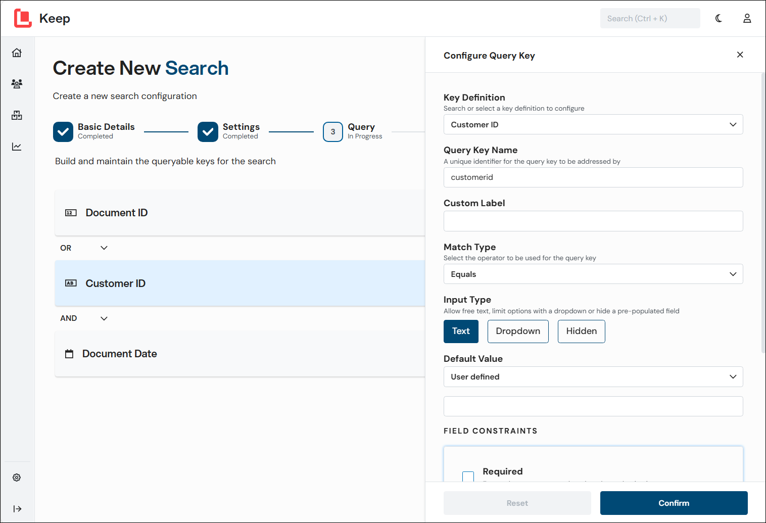 The Query page with a query key selected and the Configure Query Key pane displayed.